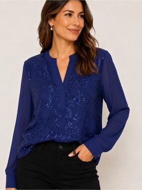 Chico’s Blue Sequin Embellished Chiffon Sheer Tunic Blouse Size 1 Medium